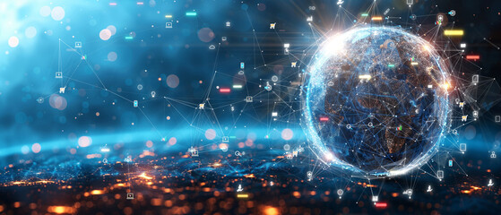 Obraz premium A vibrant globe surrounded by digital icons over a cityscape at night