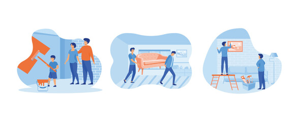 Home repair services, professional workers. Guys move sofa furniture in room. Home repair services, professional workers Ladders for repair tools. Set flat vector modern illustration