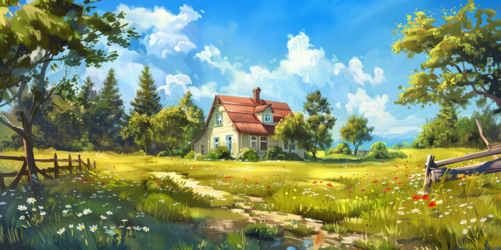 painting of beautiful house in the middle of nature, surrounded by trees and grass with wildflowers, generative AI