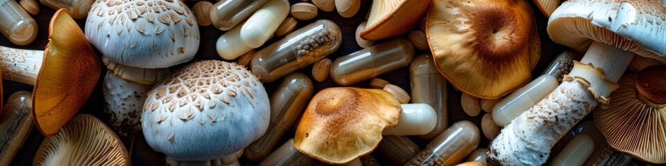 An array of mushrooms surrounded by health capsules symbolizing the choice between organic and pharmaceutical nutrition