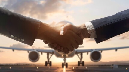 Business handshake with an airplane landing in the backdrop symbolizing global partnerships and corporate travel agreements