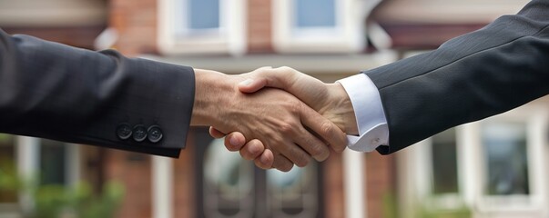 Real estate deal closing, two professionals shaking hands in front of a new property, satisfied smiles