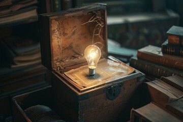 An antique wooden box ajar with a bright glowing lightbulb inside casting shadows on old books