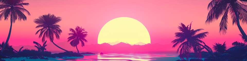Retro 80s tropical beach at sunset neon palm tree silhouettes against a pastel sky
