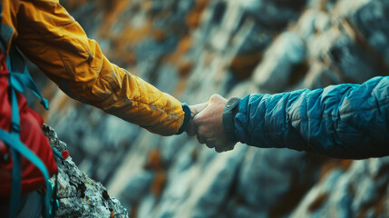 Hands of climbers helping each other