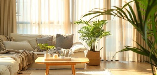 A well-lit living space boasting a decorative potted plant, adding a touch of nature to the comfortable surroundings.