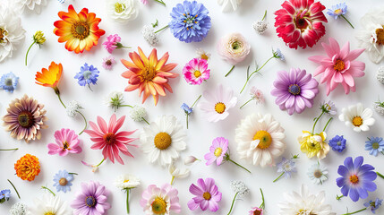 Floral composition, pattern made of colorful flowers on a white background, flat sheet, top view.