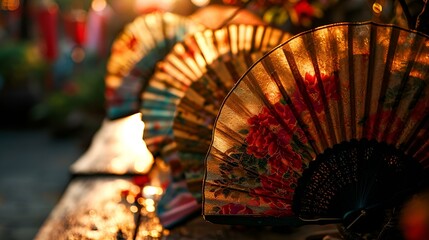  holding a delicate paper fan with intricate designs.