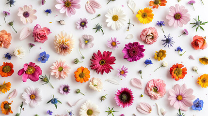 Floral composition, pattern made of colorful flowers on a white background, flat sheet, top view.