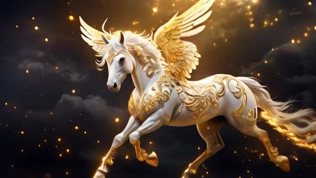 White Pegasus horse with wing, golden sparkle flying through sky in the night