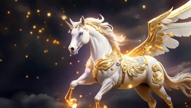 White Pegasus horse with wing, golden sparkle flying through sky in the night
