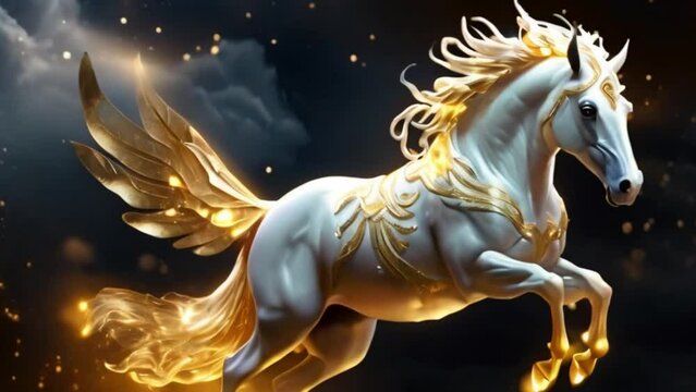White Pegasus horse with wing, golden sparkle flying through sky in the night