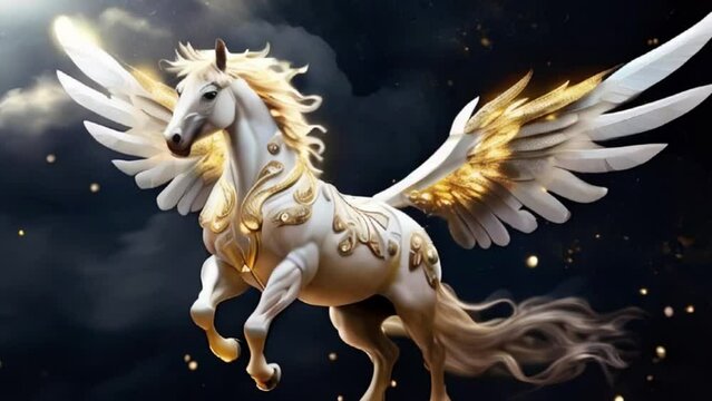 White Pegasus horse with wing, golden sparkle flying through sky in the night