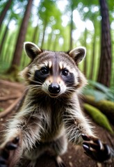 Obraz premium Animal make selfie in forest. Close-up Raccoon in forest take selfie. interaction between wildlife and modern photography trends