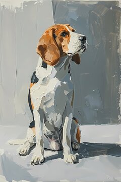 Classic wall art of oil painting style with cute beagle dog on a smooth surface, set against a minimalist white and grey background 