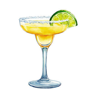 Margarita cocktail in a margarita cocktail glass glass watercolor illustration, vector clipart, drink, yellow cocktail, cut out on white background, party drink, celebration