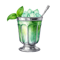 Mint julep in a silver julep cup watercolor illustration, vector clipart, mint drink, green cocktail, cut out on white background, party drink, celebration - obrazy, fototapety, plakaty