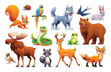Set of woodland forest animals. Vector cartoon illustration