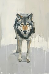 Classic wall art of oil painting style with wild wolf  on a smooth surface, set against a minimalist white and grey background 