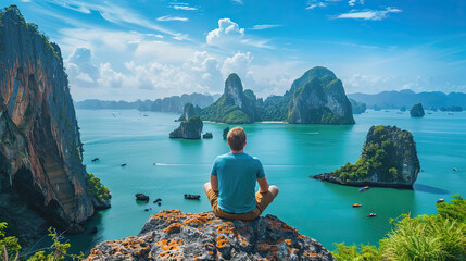 Happy traveler man enjoy Phang Nga bay view point, alone Tourist sitting and relaxing at Samet Nang She, near Phuket in Southern Thailand. Southeast Asia travel, trip and summer vacation concept. - obrazy, fototapety, plakaty