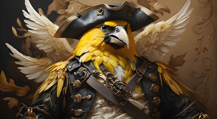 a Canary Embodied as a Pirate, With Intricate Brushstrokes Depicting the Feathery Swashbuckler's...