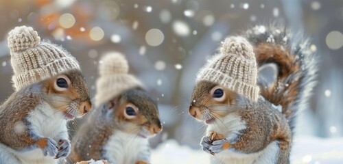 Adorable squirrels donning knitted hats, frolicking in freshly fallen snow on a serene winter...