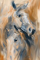 Simple painting of 2 horses in strong brush strokes with beige and blue color theme 