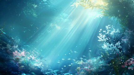 Fototapeta na wymiar Enchanted Underwater Scene with Sunlight Beams