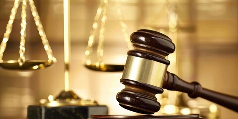 Close up of a judges gavel and golden scales iconic symbols of the balance and execution of justice in a legal settin
