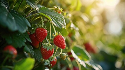 fresh organic Ripe strawberries growing on branches with green leaves in garden