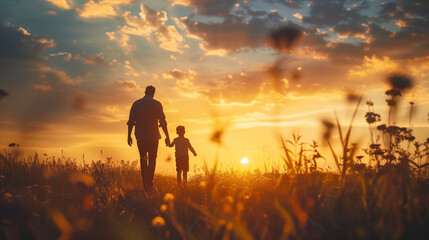 Father and son walking together towards the sunset on fathers day