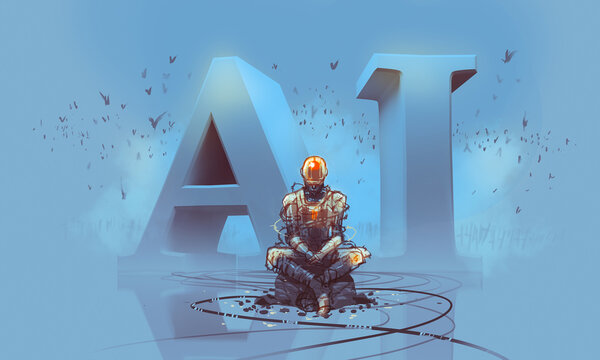 Digital illustration painting design style a robot sitting in front of AI system.