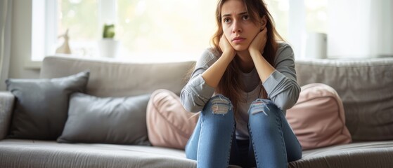 Obraz premium Contemplative, Sad and Stress Woman Sitting Alone on Couch