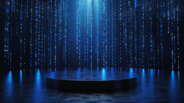 Futuristic visualization of binary code data streams flowing down around a circular technology platform with blue lighting.