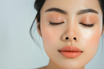 Beautiful asian woman with closed eyes and long eyelashes isolated on white background, closeup...