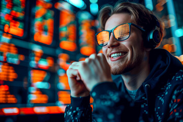 A happy young man wearing futuristic pixelated glasses with colorful digital stock market screens behind him