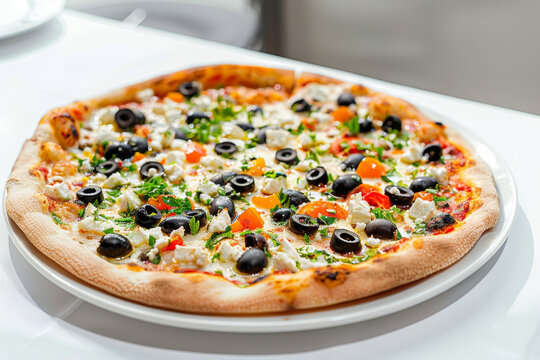 Delicious Black Olive and Feta Pizza on White Plate Gen AI