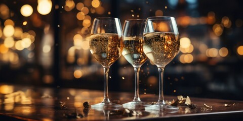 Three Glasses of Champagne on Table Generative AI - obrazy, fototapety, plakaty