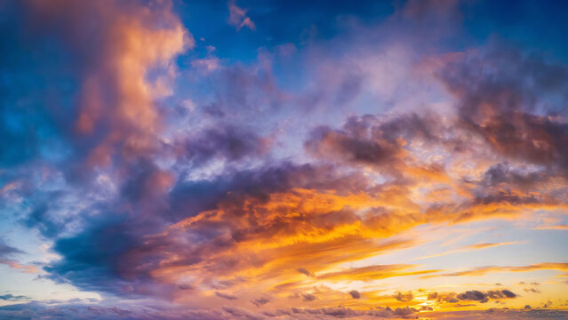 Vibrant sunset sky with colorful clouds, a natural background.