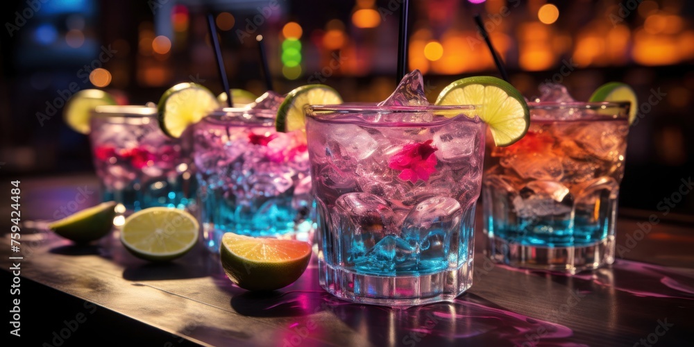 Poster vibrant drink-set arranged on table generative ai