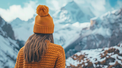 Portrait from the back of the girl traveler in an orange sweater and hat in the mountains against the background of a frozen mountain. Photo travel concept.