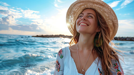 pretty attractive slim smiling woman on sunny beach in summer style fashion trend outfit happy, freedom, wearing white top, jeans and colorful printed tunic boho style chic and straw hat.