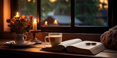 Coffee Cup and Book on Window Sill Generative AI