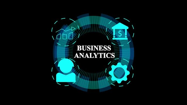 Business technology concept. Business analytics text, business success and business growth icon animation on black background.