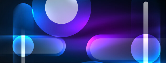 Abstract design pulsates with neon glowing light effects, casting an entrancing glow in the darkness, captivating the eye with its vibrant energy. Glass circles neon glowing light effects