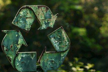 An opaque, matte - finished recycle sign, featuring digital arrows representing sustainable energy flow, against a forest green background.