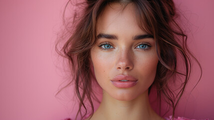 Naklejka premium Close up beauty portrait of a model in with blue eyes and brown hair in front of a pink background
