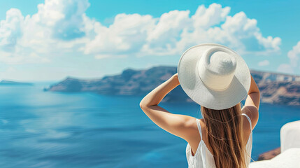 Fototapeta na wymiar Summer blue trend with young woman wearing a hat as happy freedom lifestyle in Aegean sea mediterranean at Santorini greece.