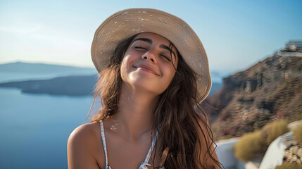 Summer blue trend with young woman wearing a hat as happy freedom lifestyle in Aegean sea...