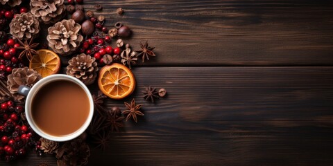 Obraz na płótnie Canvas Cup of Coffee With Oranges and Pine Cones Generative AI